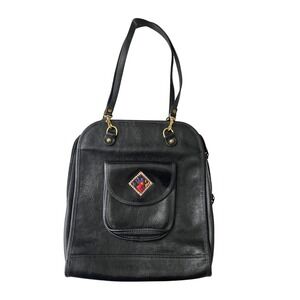 Turtle Ridge Leather Shoulder Bag Backpack Women Large Black Art Deco Patch